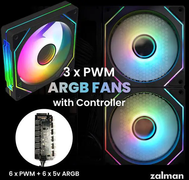 Alt view image 7 of 7 - Zalman ZQBE ATX-Mid Tower Gaming PC Case - 3 x 120mm PWM ARGB Fans with Multi-Port PWM Hub/ARGB Controller Included, Three-Sided Full Panoramic Tempered Glass Panels, USB Type-C, Black