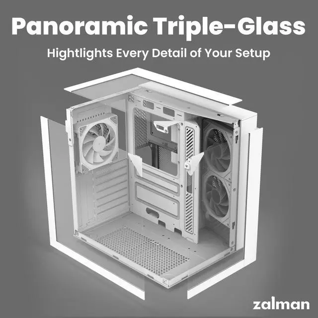 Alt view image 3 of 7 - Zalman ZQBE ATX-Mid Tower Gaming PC Case - 3 x 120mm PWM ARGB Fans with Multi-Port PWM Hub/ARGB Controller Included, Three-Sided Full Panoramic Tempered Glass Panels, USB Type-C, White