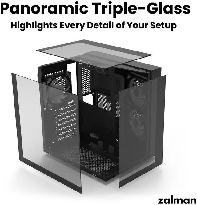 Alt view image 3 of 7 - Zalman ZQBE ATX-Mid Tower Gaming PC Case - 3 x 120mm PWM ARGB Fans with Multi-Port PWM Hub/ARGB Controller Included, Three-Sided Full Panoramic Tempered Glass Panels, USB Type-C, Black