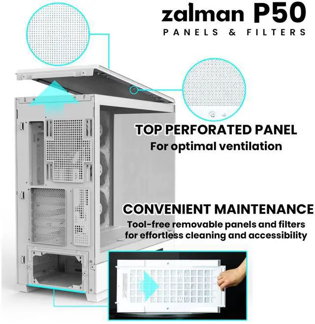 Alt view image 7 of 7 - Zalman P50 ATX Mid-Tower PC Case - 4 x IF120 Infinity Mirror ARGB Fans Included, Panoramic Tempered Glass, Hinged Cable Management Doors, Supports BTF Back-Connect Motherboards, White