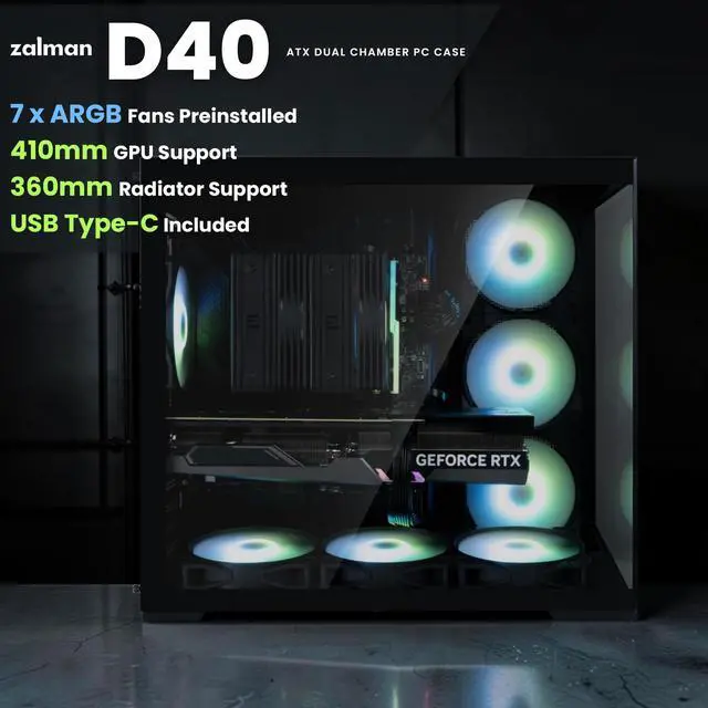 Alt view image 3 of 7 - Zalman D40 ATX Gaming PC Mid-Tower Computer Case, 7x 120mm ARGB Fans Pre-Installed, Panoramic View Tempered Glass Panels, 360mm AIO Radiator & 410mm GPU Support, High Airflow Dual Chamber, Black