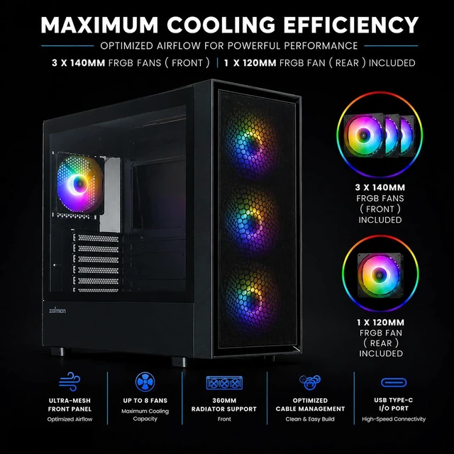 Alt view image 4 of 6 - Zalman Certified Refurbished - S6 ATX High Airflow Mid-Tower RGB Desktop Gaming PC Case, 4 Preinstalled FRGB Fans, USB Type-C 3.2 & USB 3.0, Fits up to 8 Fans, 360mm AIO & 345mm GPU Length, Black
