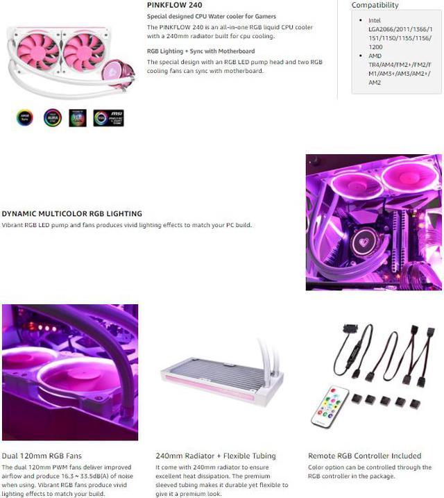 ID-COOLING PINKFLOW 240 CPU Water Cooler 5V Addressable RGB AIO Cooler  240mm CPU Liquid Cooler 2X120mm RGB Fan, Intel 115X/2066, AMD TR4/AM4  (Remote Controller is Included)