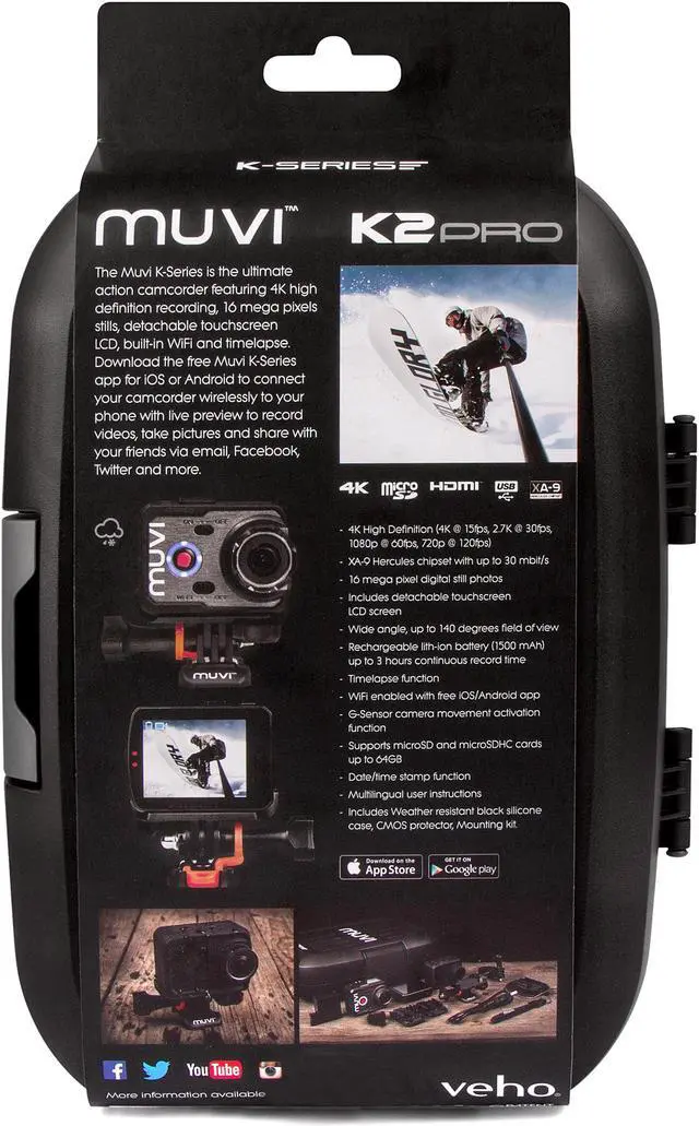 Alt view image 7 of 20 - Veho MUVI K-Series K-2 Pro 4k Wi-Fi Handsfree Camera with 12MP Resolution, LCD Touch Screen and Carry Case, Black (VCC-007-K2PRO)