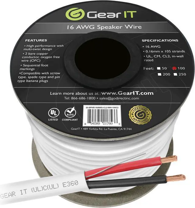 Main image of 16 Gauge CL2 OFC Speaker Wire, GearIT Pro Series 16AWG (100 Feet / 30.48 Meters / White) Oxygen Free Copper UL CL2 Rated In-Wall Speaker Wire Cable for Home Theater, Car Audio, and Outdoor Use