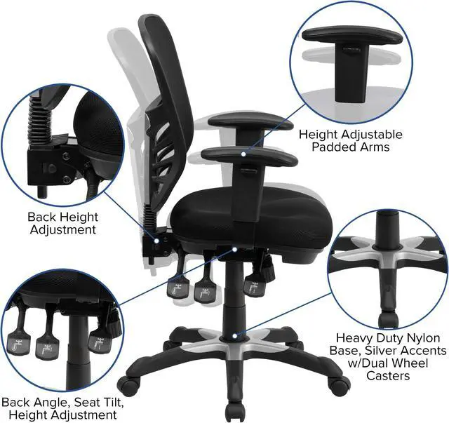 Alt view image 5 of 20 - Mid-Back Black Mesh Multifunction Executive Swivel Ergonomic Office Chair with Adjustable Arms