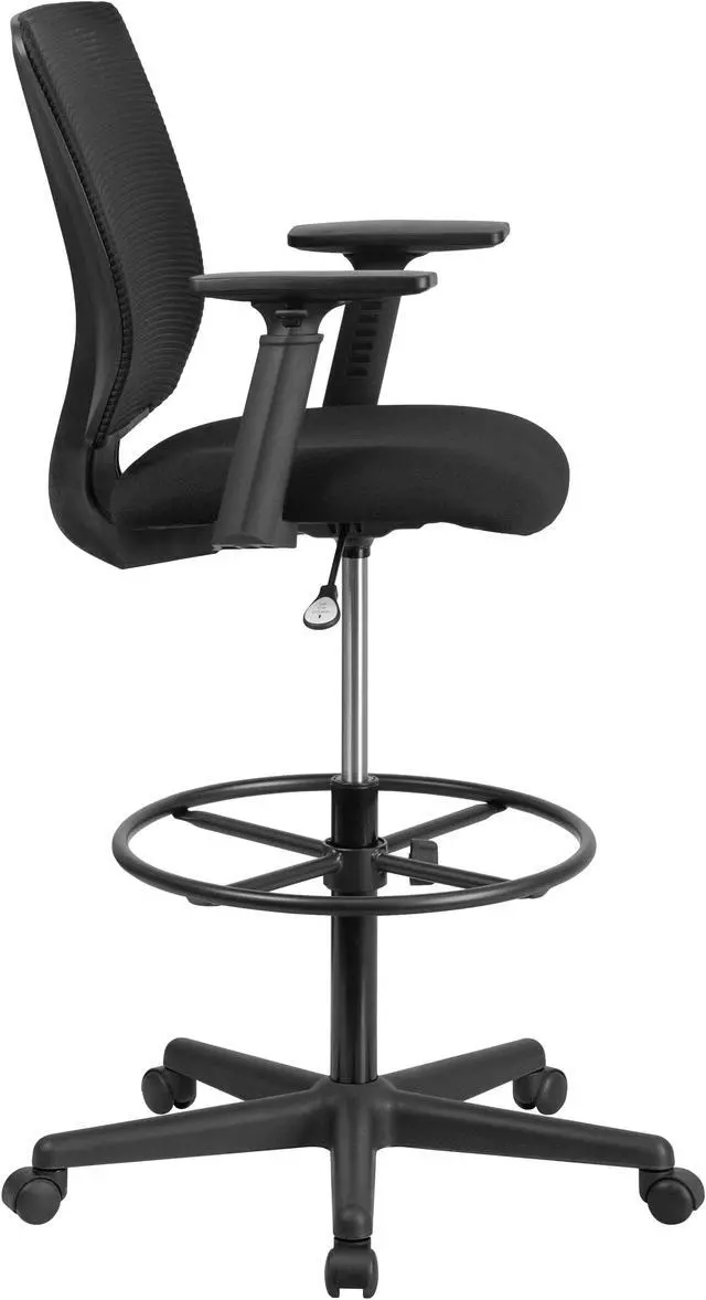 Alt view image 2 of 20 - Ergonomic Mid-Back Mesh Drafting Chair with Black Fabric Seat, Adjustable Foot Ring and Adjustable Arms