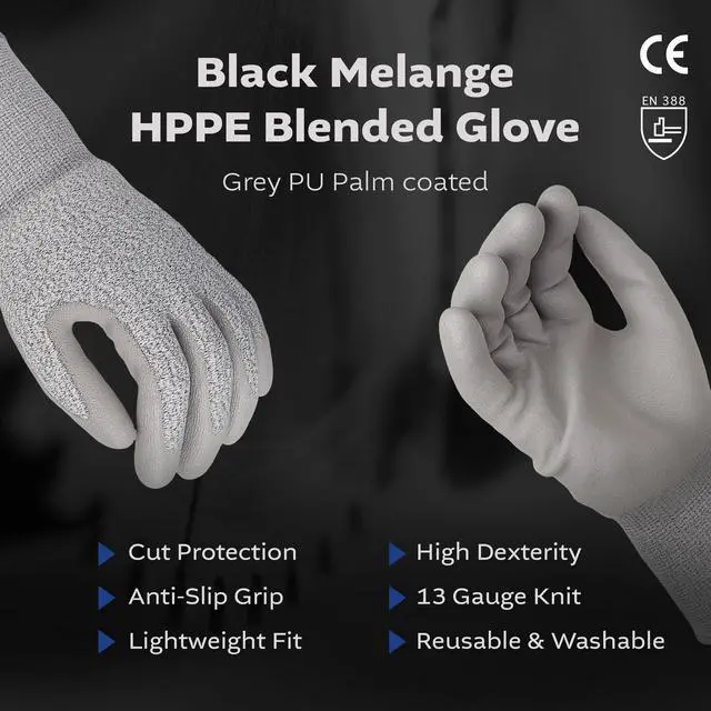 Alt view image 2 of 7 - Black Melange HPPE Blended Glove - Grey PU Palm coated, 5 pairs M
