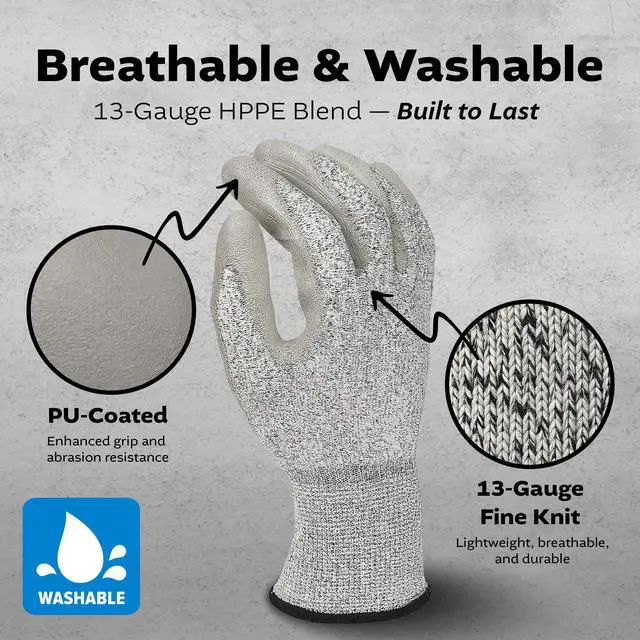 Alt view image 6 of 7 - Black Melange HPPE Blended Glove - Grey PU Palm coated, 5 pairs M