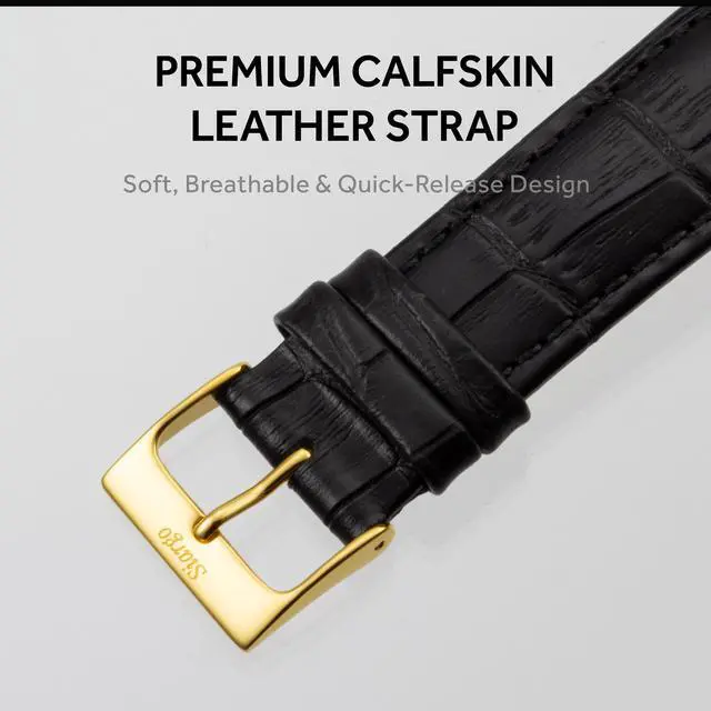 Alt view image 6 of 7 - SIARGO Fennel 28mm Unisex Watch with Guilloché Brass Case, Sapphire Glass, Cowhide Leather Strap, and Swiss Ronda Quartz Movement (Gold & White Black)