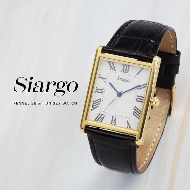 Alt view image 2 of 7 - SIARGO Fennel 28mm Unisex Watch with Guilloché Brass Case, Sapphire Glass, Cowhide Leather Strap, and Swiss Ronda Quartz Movement (Gold & White Black)