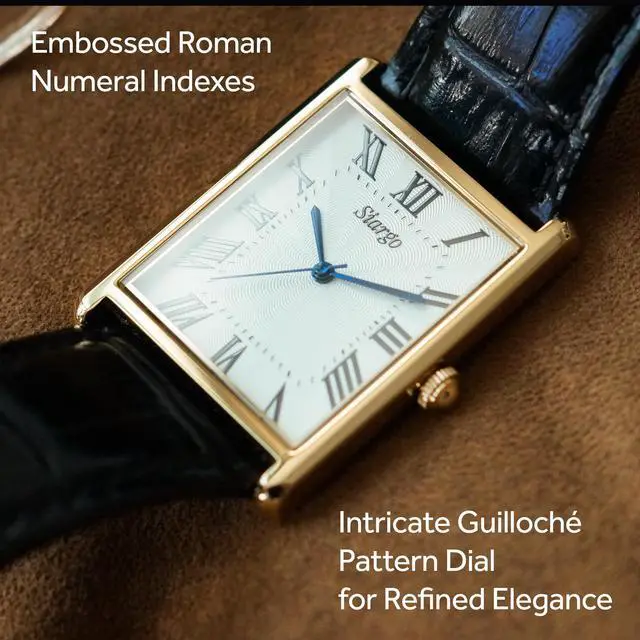 Alt view image 5 of 7 - SIARGO Fennel 28mm Unisex Watch with Guilloché Brass Case, Sapphire Glass, Cowhide Leather Strap, and Swiss Ronda Quartz Movement (Gold & White Black)