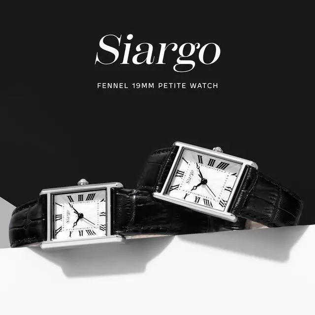 Alt view image 2 of 7 - SIARGO Fennel 19mm Petite Watch with Guilloché Brass Case, Sapphire Glass, Cowhide Leather Strap, and Swiss Ronda Quartz Movement (Silver & Casual Black)