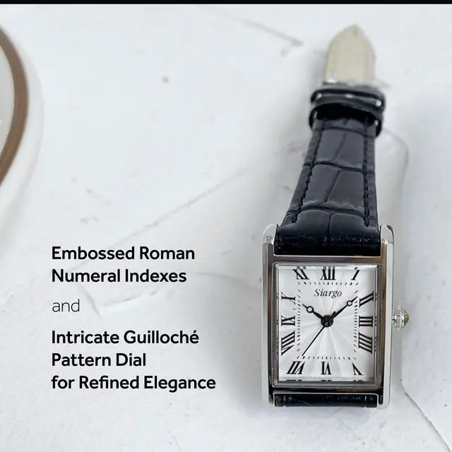 Alt view image 5 of 7 - SIARGO Fennel 19mm Petite Watch with Guilloché Brass Case, Sapphire Glass, Cowhide Leather Strap, and Swiss Ronda Quartz Movement (Silver & Casual Black)