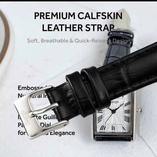 Alt view image 6 of 7 - SIARGO Fennel 19mm Petite Watch with Guilloché Brass Case, Sapphire Glass, Cowhide Leather Strap, and Swiss Ronda Quartz Movement (Silver & Casual Black)