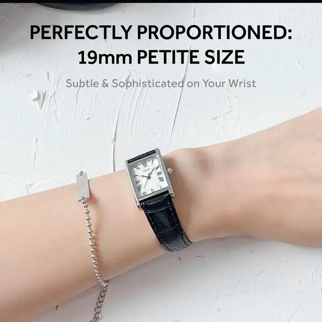 Alt view image 7 of 7 - SIARGO Fennel 19mm Petite Watch with Guilloché Brass Case, Sapphire Glass, Cowhide Leather Strap, and Swiss Ronda Quartz Movement (Silver & Casual Black)