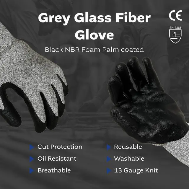 Alt view image 2 of 7 - Grey Glass Fiber Glove - Black NBR Foam Palm coated XL, 5 pairs