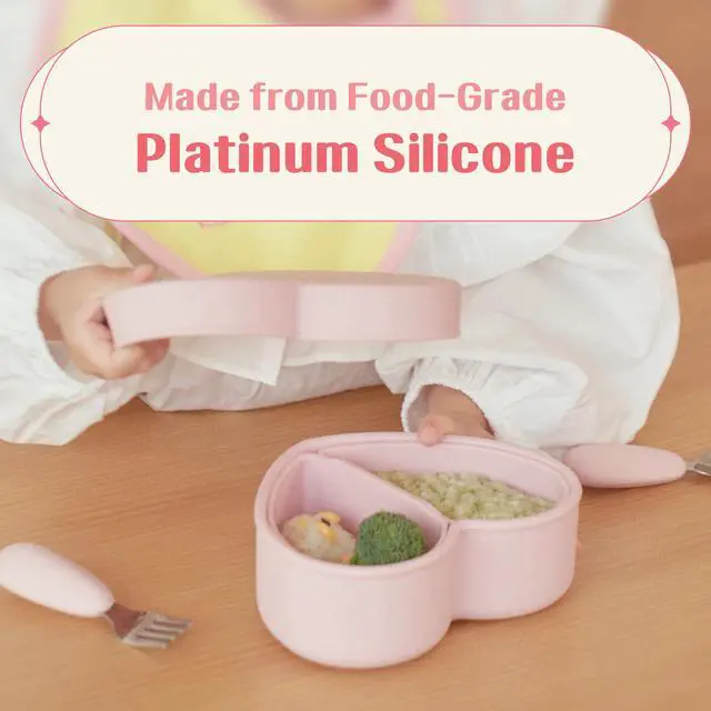 Alt view image 3 of 7 - LOVEAT Heart Baby Lunch Box 15.2 fl oz (450 ml) Silicone Suction Divided Plate for Toddlers and Kids, BPA Free Feeding Dish with Lid, Microwave and Dishwasher Safe (Blush Pink)