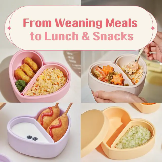 Alt view image 7 of 7 - LOVEAT Heart Baby Lunch Box 15.2 fl oz (450 ml) Silicone Suction Divided Plate for Toddlers and Kids, BPA Free Feeding Dish with Lid, Microwave and Dishwasher Safe (Almond Milk)