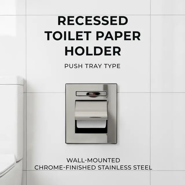 Alt view image 2 of 7 - Recessed Toilet Paper Holder with Push Tray Wall-Mounted, Chrome-Finished Stainless Steel Space-Saving, Hygienic, Rust-Resistant for Modern Bathrooms