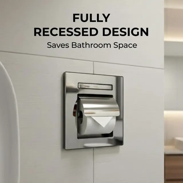 Alt view image 4 of 7 - Recessed Toilet Paper Holder with Push Tray Wall-Mounted, Chrome-Finished Stainless Steel Space-Saving, Hygienic, Rust-Resistant for Modern Bathrooms