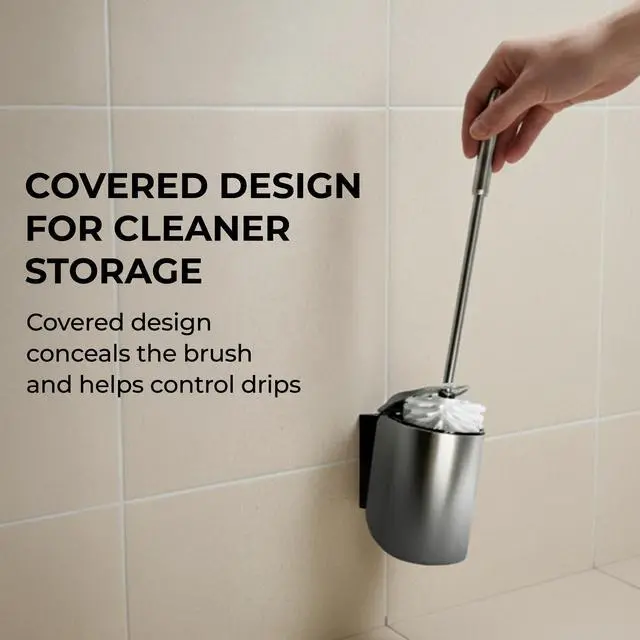 Alt view image 4 of 7 - Toilet Brush Set - Wall-Mounted Toilet Brush with Covered Holder, Nickel Finish and Black Handle (Toilet Brush with Holder)