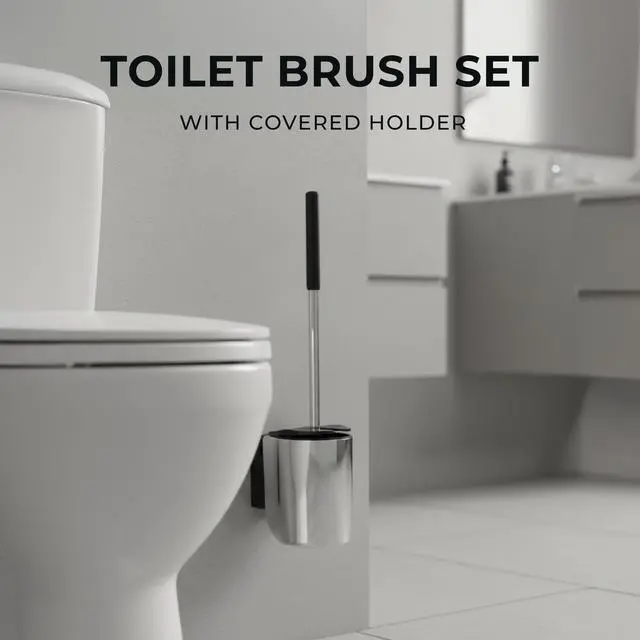 Alt view image 2 of 7 - Toilet Brush Set - Wall-Mounted Toilet Brush with Covered Holder, Chrome Finish and Black Handle (Toilet Brush with Holder)