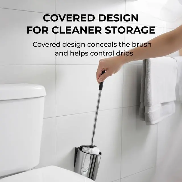 Alt view image 5 of 7 - Toilet Brush Set - Wall-Mounted Toilet Brush with Covered Holder, Chrome Finish and Black Handle (Toilet Brush with Holder)