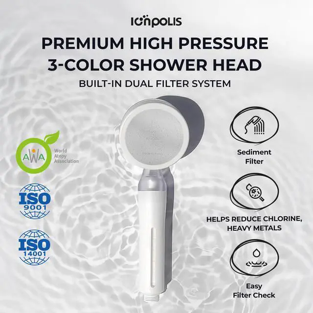 Alt view image 2 of 7 - Ionpolis Premium High Pressure 3-Color Shower Head Built-in Dual Filter System for Perfect Water Purification Black