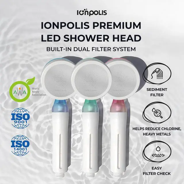 Alt view image 2 of 7 - Ionpolis Premium LED Shower Head with Dual Filters Visualizing Water Temperature with 3 Different Colors without Power for Safety and Convenient