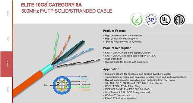Alt view image 2 of 7 - Elite Cat6a Shielded Riser (CMR), 1000ft, 650MHz, 23AWG, F/UTP, Solid Pure Copper, Rated 10G, Bulk Ethernet Cable Reel, Orange