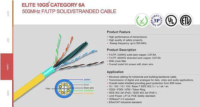 Alt view image 2 of 7 - Elite Cat6a Shielded Riser (CMR), 1000ft, 650MHz, 23AWG, F/UTP, Solid Pure Copper, Rated 10G, Bulk Ethernet Cable Reel, Yellow