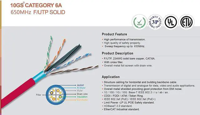 Alt view image 2 of 7 - Elite Cat6a Shielded Plenum (CMP), 1000ft, 650MHz, 23AWG, F/UTP, Solid Pure Copper, 10Gb, UL Certified, UL-LP Certification, Bulk Ethernet Cable Reel, Red