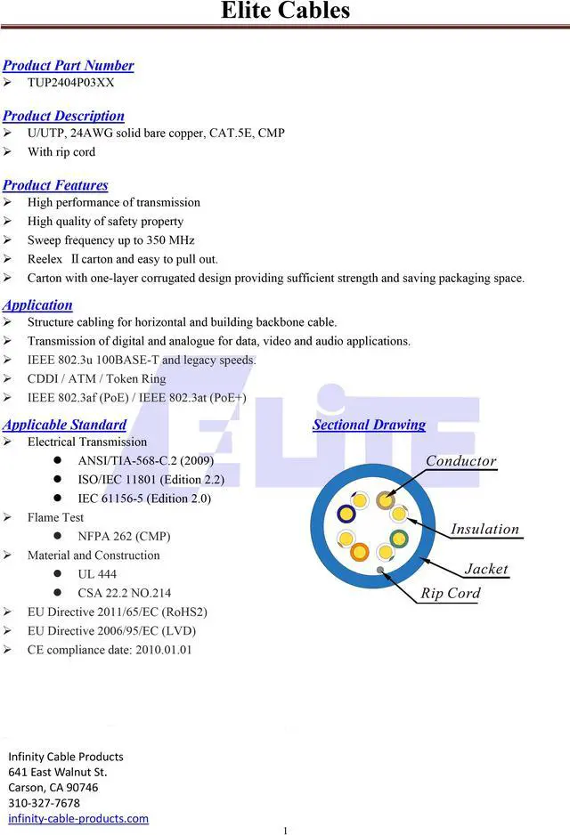 Alt view image 3 of 7 - Elite Cat5e Plenum (CMP), 1000ft, 350MHz, 24AWG, U/UTP, Solid Pure Copper, UL Certified, Bulk Ethernet Cable, Black