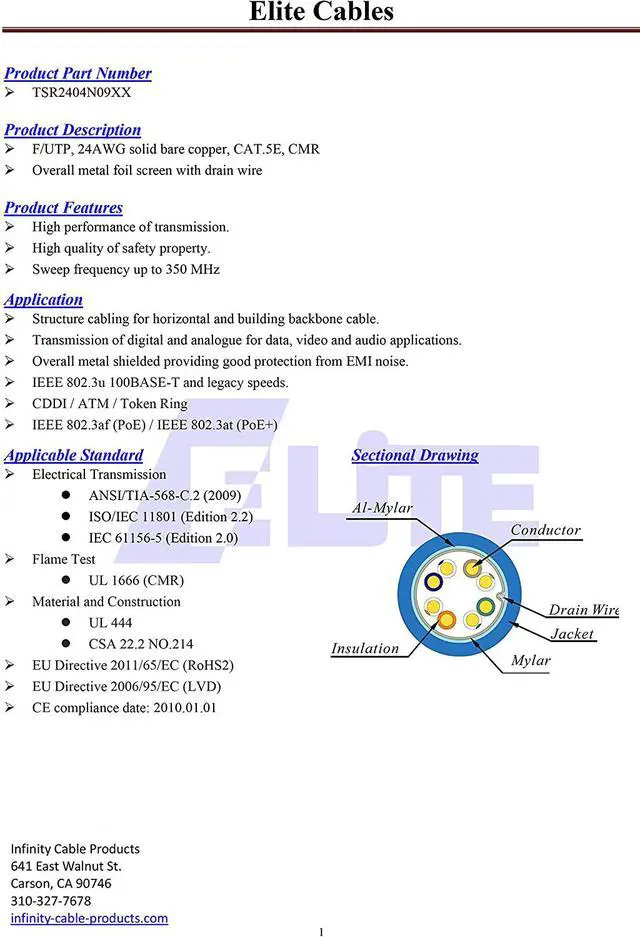 Alt view image 3 of 6 - Elite Cat5e Shielded Riser (CMR), 1000ft, 350MHz, 24AWG, F/UTP, Solid Bare Copper, UL Certified, Bulk Ethernet Cable Reel, Blue