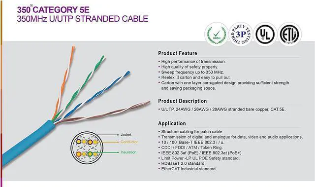 Alt view image 5 of 6 - Elite Cat5e Stranded (CM), 1000ft, 350MHz, 24AWG, U/UTP, Bare Copper, UL Certified, Pull Box, Bulk Ethernet Cable, Red