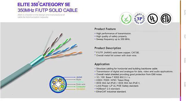 Alt view image 2 of 6 - Elite Cat5e Shielded Riser (CMR), 1000ft, 350MHz, 24AWG, F/UTP, Solid Bare Copper, UL Certified, Bulk Ethernet Cable Reel, Blue