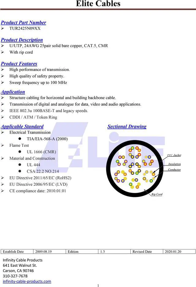 Alt view image 3 of 6 - Elite Cat5e Riser (CMR), 500ft, 350MHz, 24AWG, 25 Unshielded Twisted Pairs, Solid Bare Copper, U/UTP, UL Certified, Bulk Ethernet Cable Reel, Gray