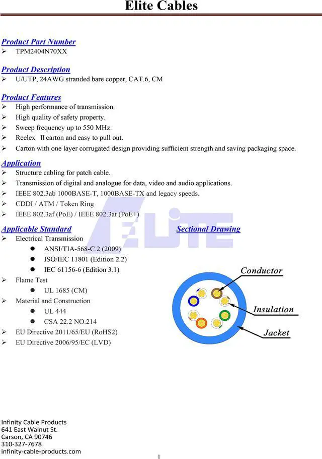 Alt view image 2 of 5 - Elite Cat6 Stranded (CM), 1000ft, 550MHz, 24AWG, U/UTP, Bare Copper, UL Certified, Bulk Ethernet Cable, Blue