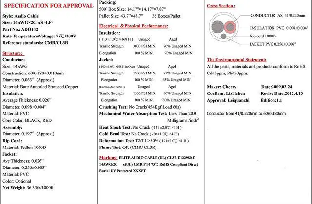 Alt view image 2 of 3 - Elite Audio Cable, 500ft, 14AWG, 2 Conductor, 100% Bare Copper, PVC Jacket, UL Certified, Bulk Cable, Blue