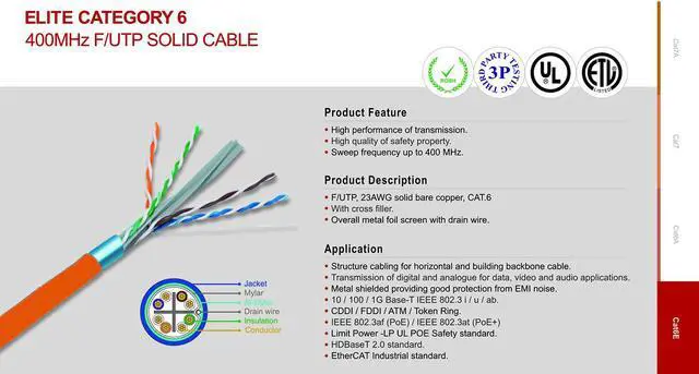 Alt view image 2 of 7 - Elite Cat6 Shielded Plenum (CMP), 1000ft, 550MHz, 23AWG, F/UTP, Solid Pure Copper, UL Certified, UL-LP Certification, Bulk Ethernet Cable Reel, Orange