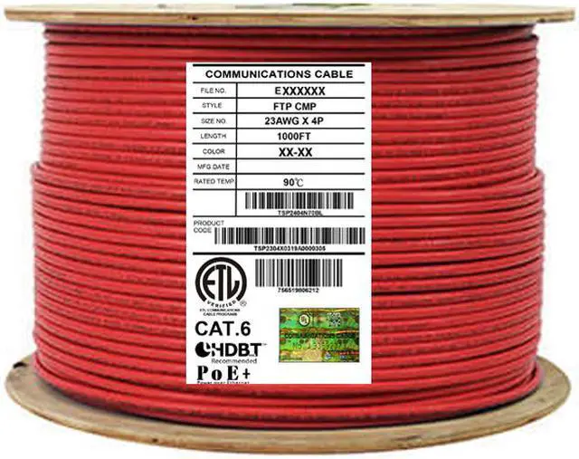 Main image of Elite Cat6 Shielded Plenum (CMP), 1000ft, 550MHz, 23AWG, F/UTP, Solid Pure Copper, UL Certified, UL-LP Certification, Bulk Ethernet Cable Reel, Red