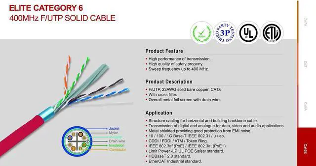 Alt view image 5 of 7 - Elite Cat6 Shielded Plenum (CMP), 1000ft, 550MHz, 23AWG, F/UTP, Solid Pure Copper, UL Certified, UL-LP Certification, Bulk Ethernet Cable Reel, Red