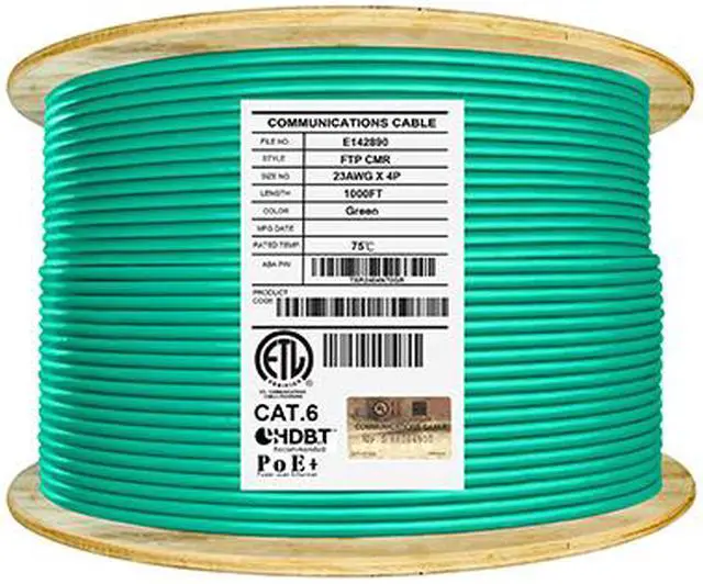 Main image of Elite Cat6 Shielded Riser (CMR), 1000ft, 550MHz, 23AWG, F/UTP, Solid Bare Copper, UL Certified, UL-LP Certification, Bulk Ethernet Cable Reel, Green