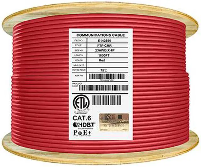 Main image of Elite Cat6 Shielded Riser (CMR), 1000ft, 550MHz, 23AWG, F/UTP, Solid Bare Copper, UL Certified, UL-LP Certification, Bulk Ethernet Cable Reel, Red