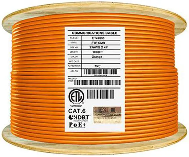 Main image of Elite Cat6 Shielded Riser (CMR), 1000ft, 550MHz, 23AWG, F/UTP, Solid Bare Copper, UL Certified, UL-LP Certification, Bulk Ethernet Cable Reel, Orange
