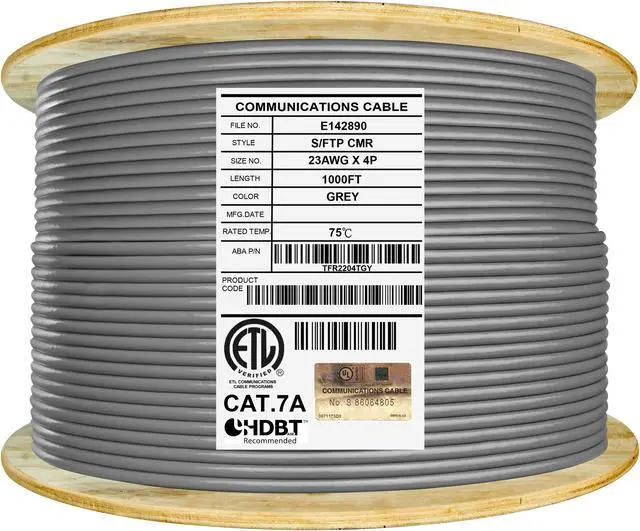 Main image of Elite Cat7a Riser (CMR), 1000ft, 1000MHz, 23AWG, S/FTP, Solid Bare Copper, UL Certified, Bulk Ethernet Cable Reel, Gray