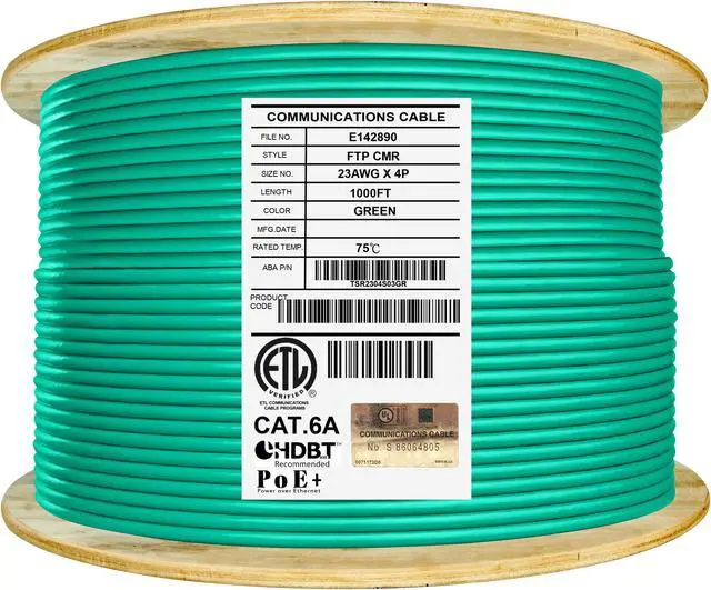 Main image of Elite Cat6a Shielded Riser (CMR), 1000ft, 650MHz, 23AWG, F/UTP, Solid Pure Copper, Rated 10G, Bulk Ethernet Cable Reel, Green