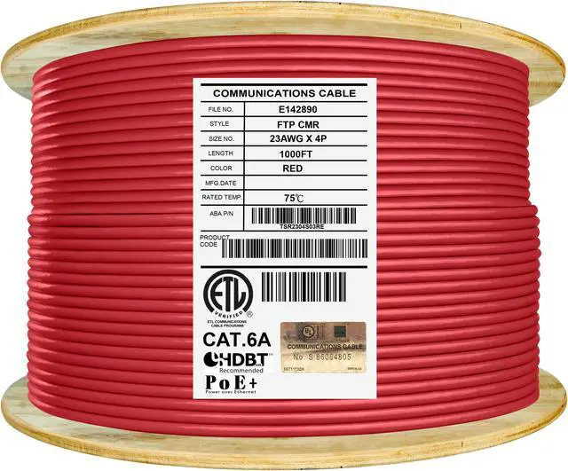 Main image of Elite Cat6a Shielded Riser (CMR), 1000ft, 650MHz, 23AWG, F/UTP, Solid Pure Copper, Rated 10G, Bulk Ethernet Cable Reel, Red