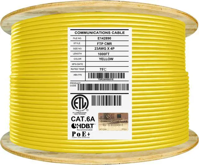 Main image of Elite Cat6a Shielded Riser (CMR), 1000ft, 650MHz, 23AWG, F/UTP, Solid Pure Copper, Rated 10G, Bulk Ethernet Cable Reel, Yellow